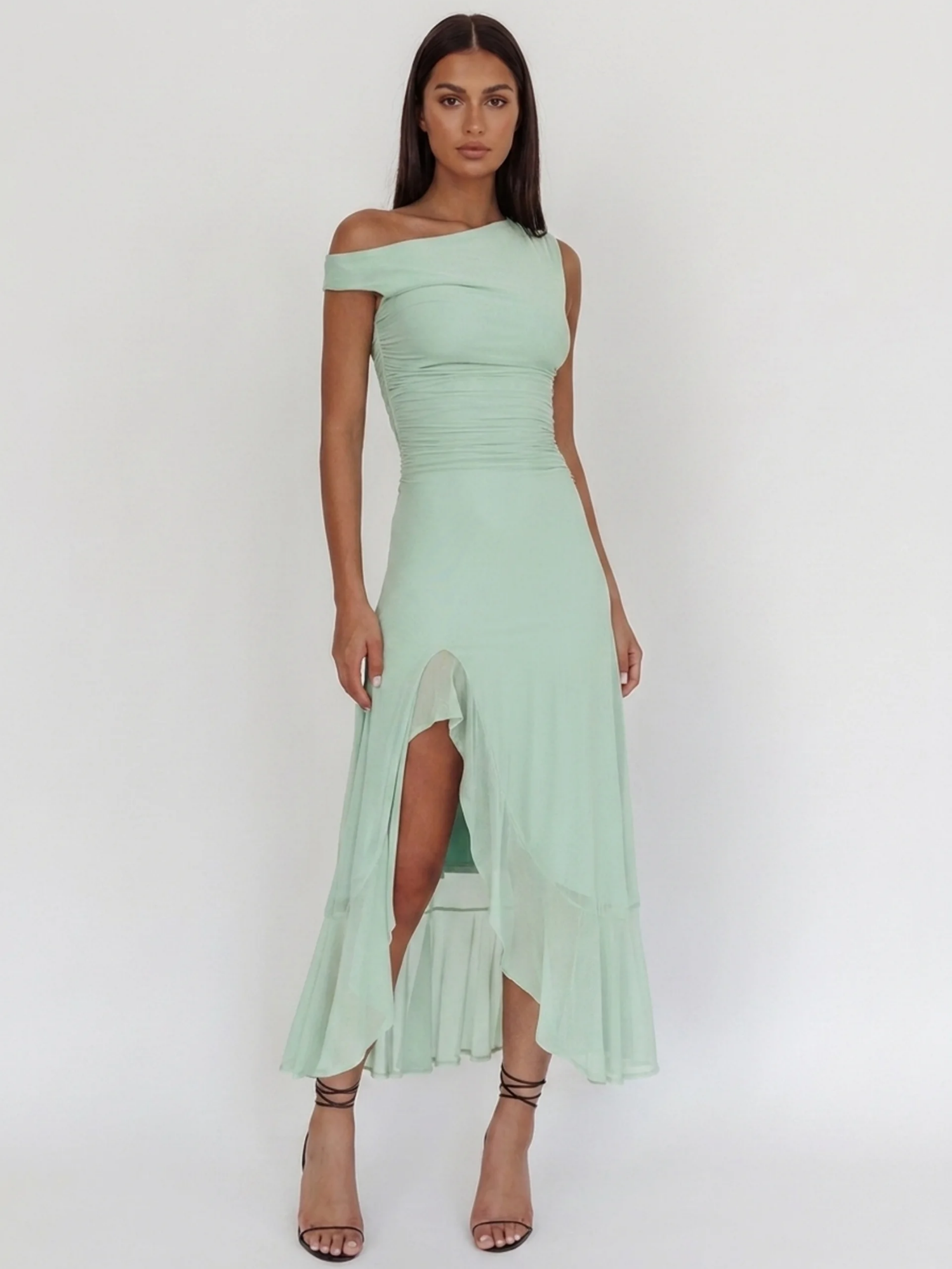 HELGA Women's Asymmetric Off-Shoulder Ruched Slit Maxi Dress