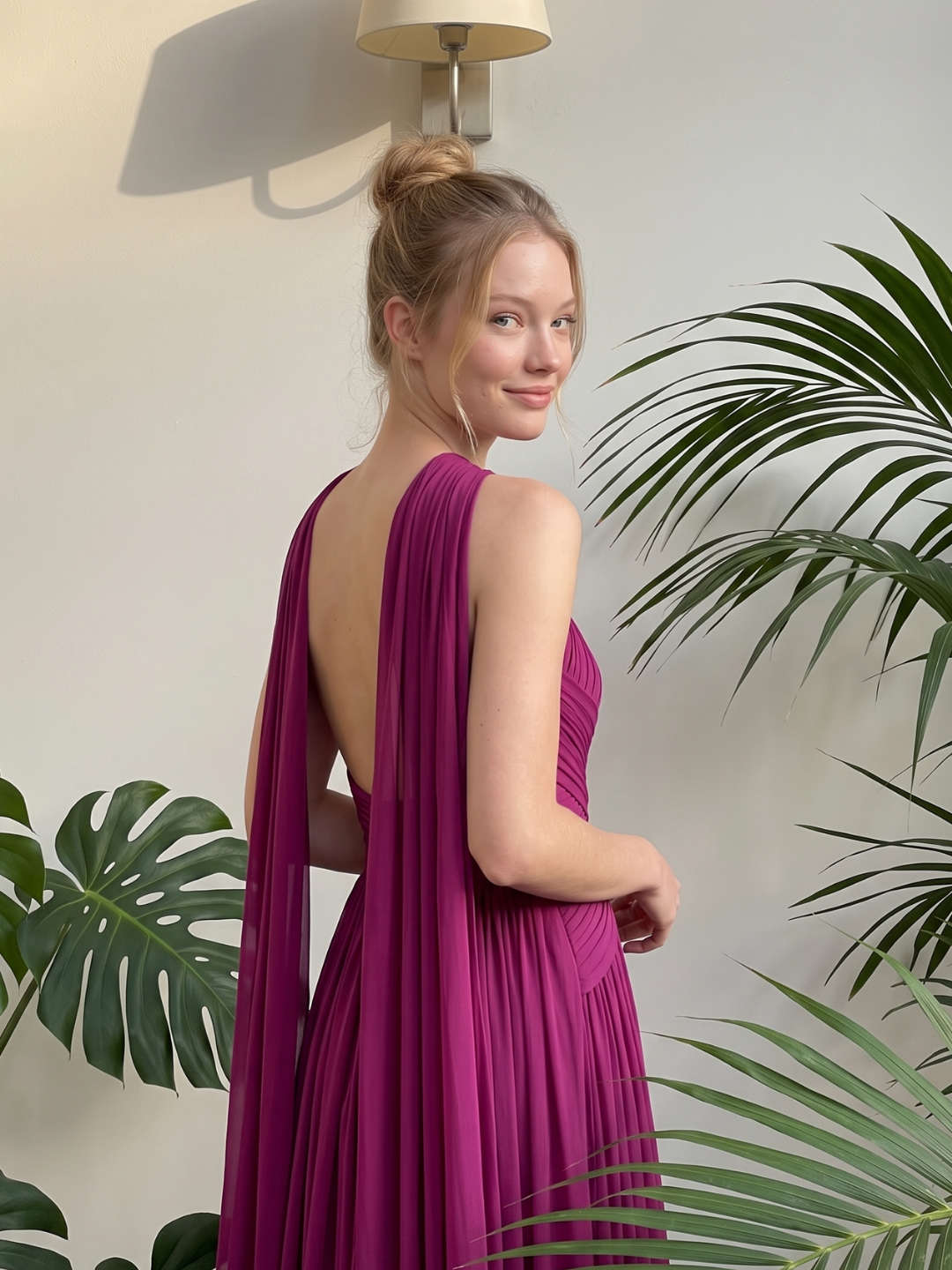 NATALIA Women's Halter Neck Ruched Keyhole Cutout Maxi Gown