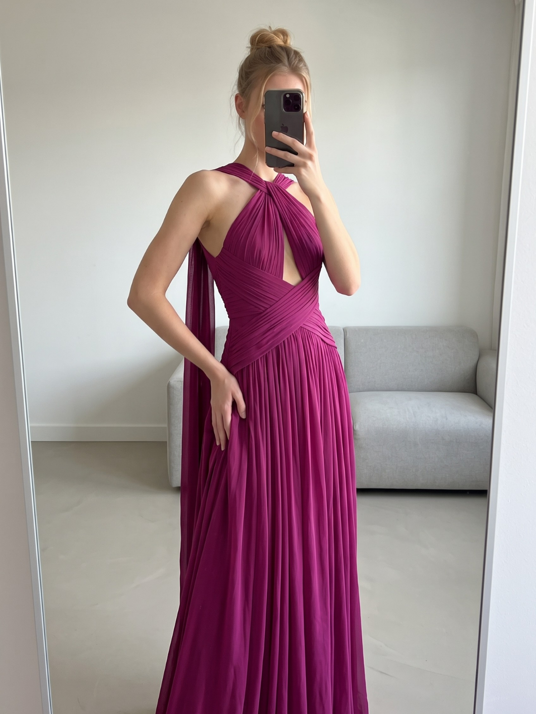 NATALIA Women's Halter Neck Ruched Keyhole Cutout Maxi Gown