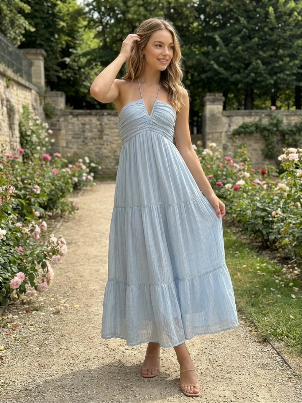FELICITY Women's V-Neck Halter Tiered Tulle Maxi Dress