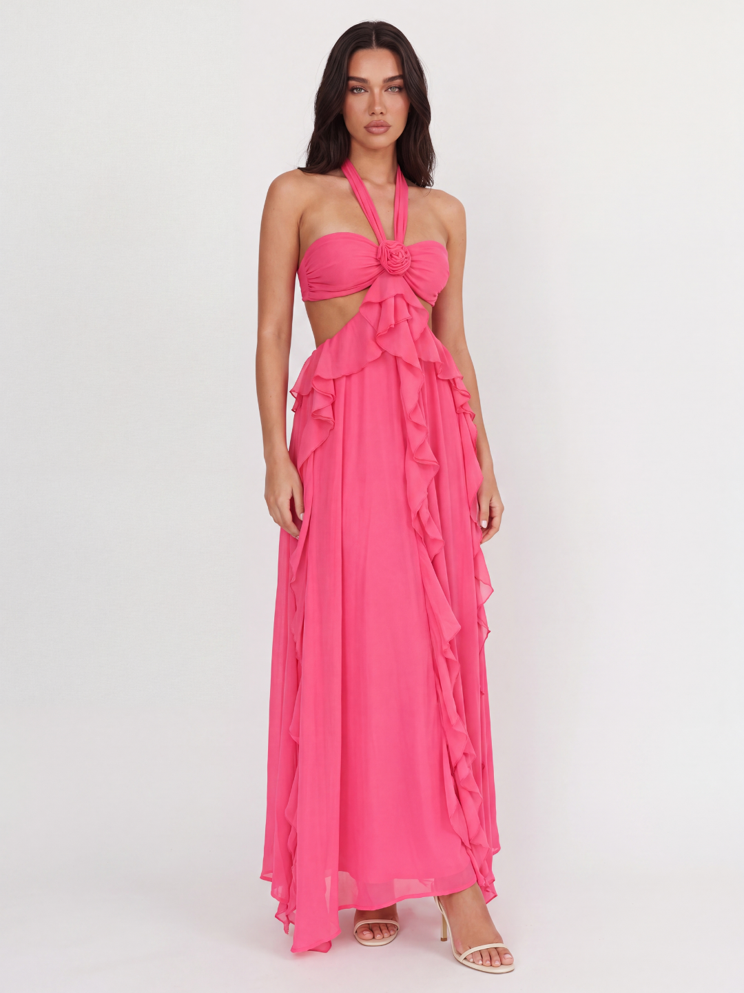 OCTAVIA Women's Halterneck Cut-Out Ruffle Maxi Dress