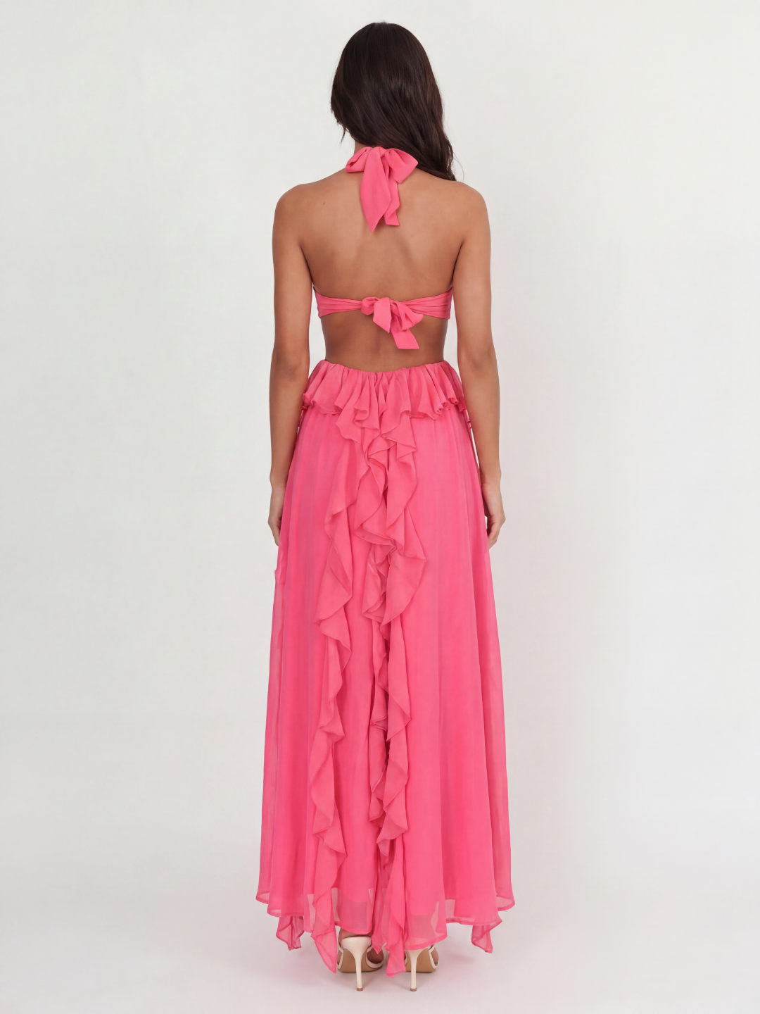 OCTAVIA Women's Halterneck Cut-Out Ruffle Maxi Dress