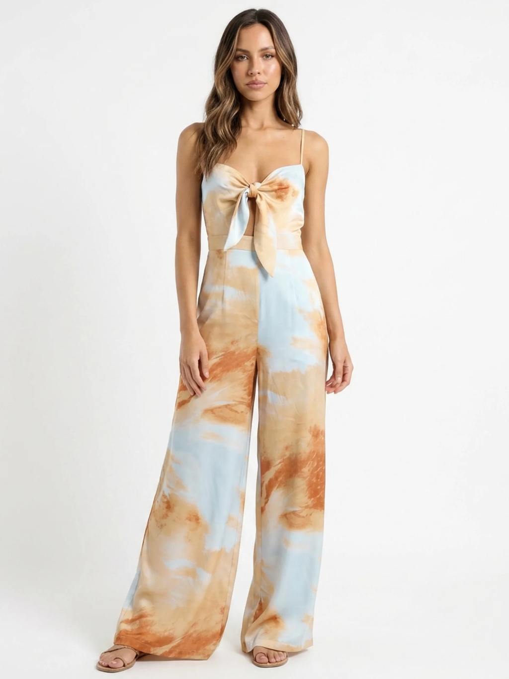 ARABELLA Women's Tie-Dye Print Tie-Front Wide-Leg Jumpsuit