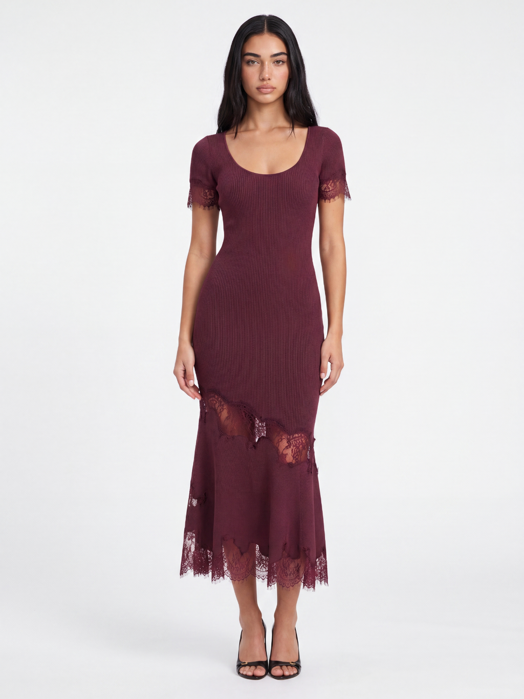 BRIDGET Women's Ribbed Knit Lace-Trim Mermaid Maxi Dress