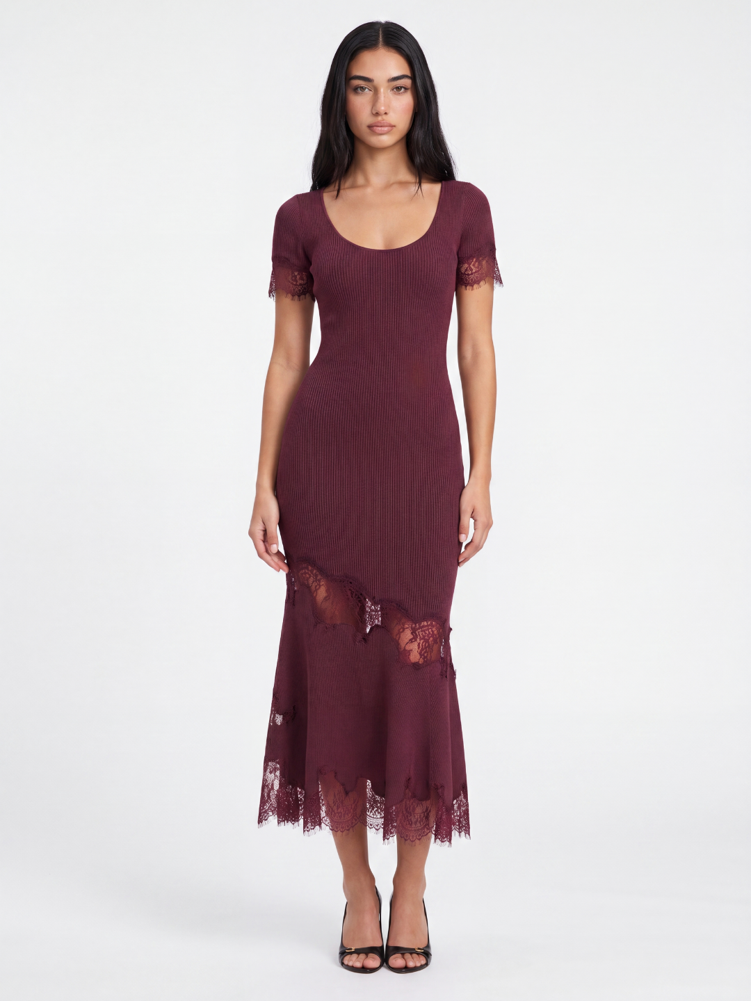 BRIDGET Women's Ribbed Knit Lace-Trim Mermaid Maxi Dress
