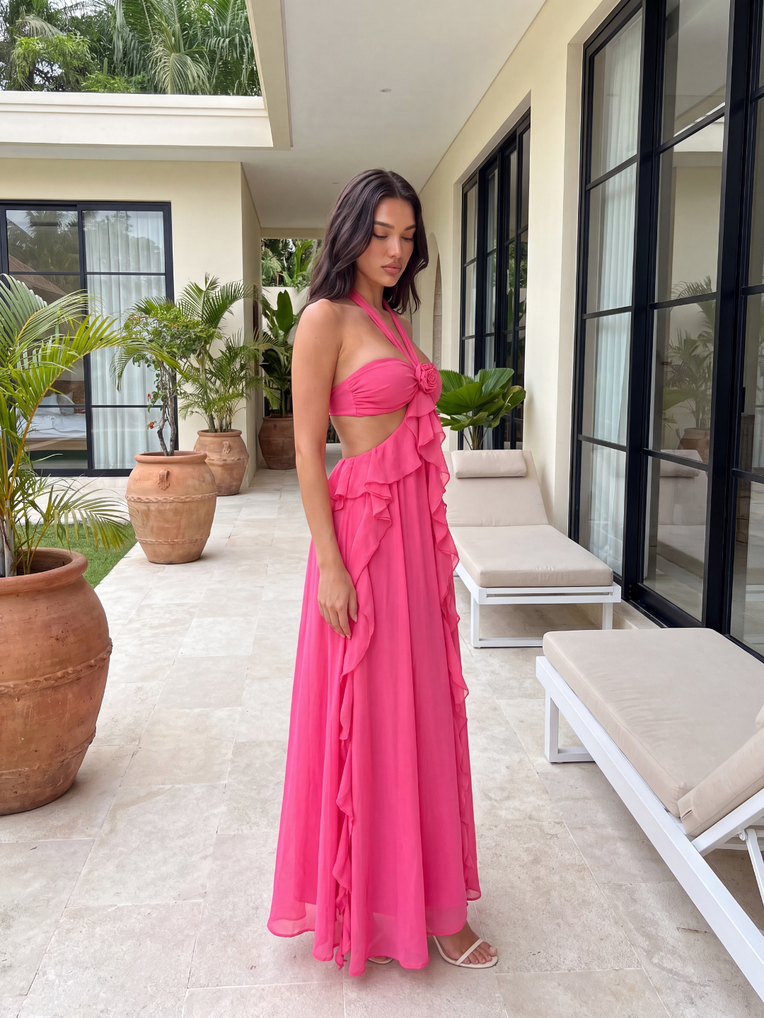 OCTAVIA Women's Halterneck Cut-Out Ruffle Maxi Dress