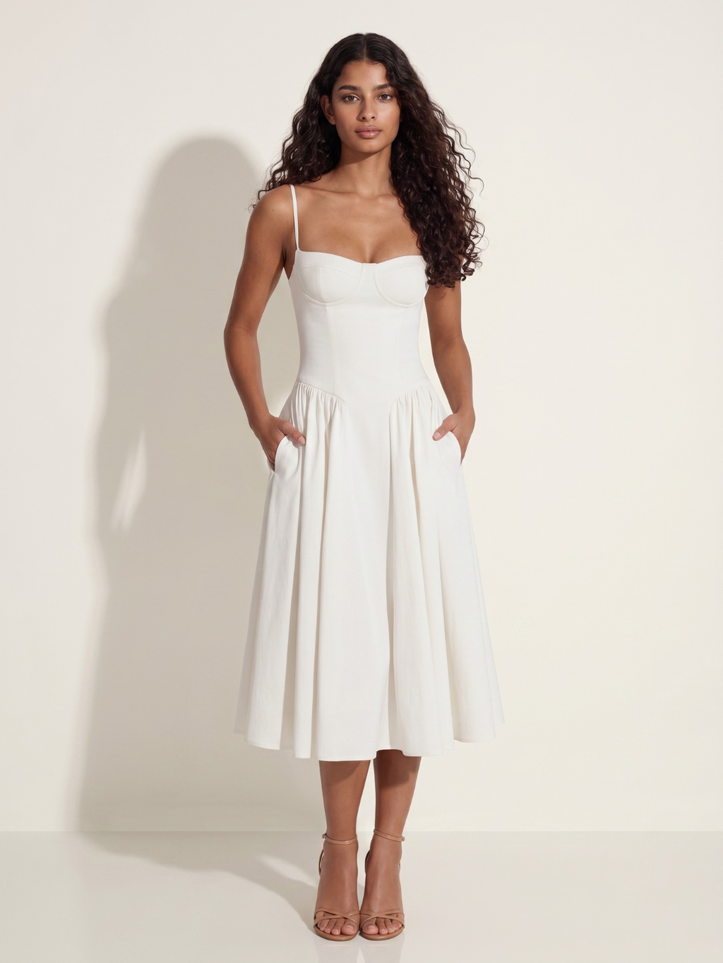 FRANCESCA Women's Sweetheart Bustier Twill Midi Dress with Pockets