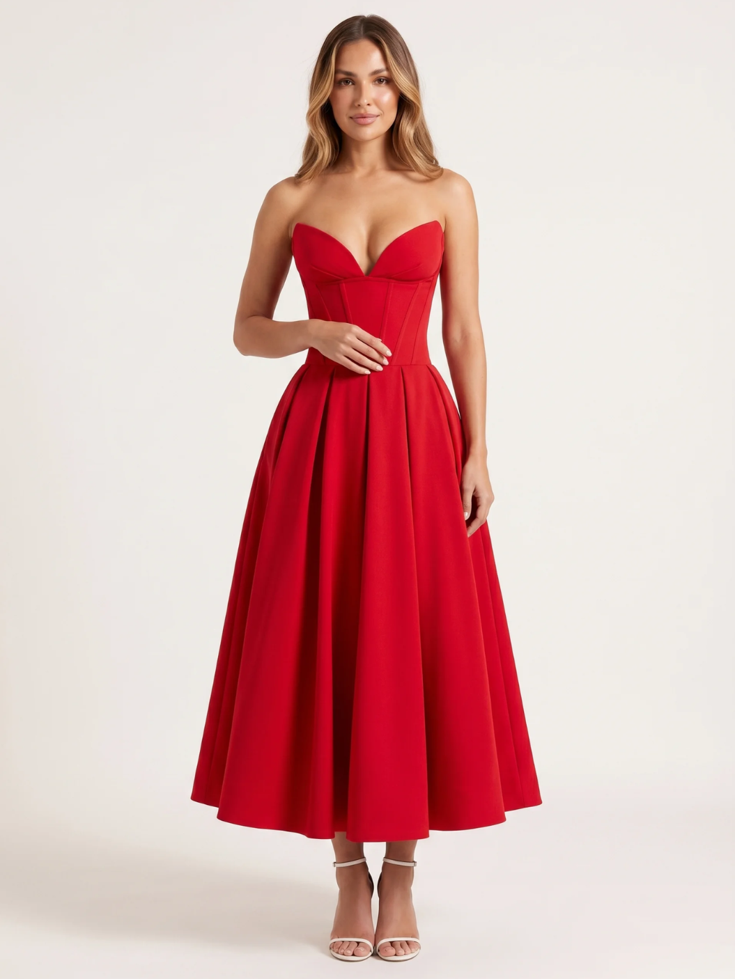 SAVANNAH Women's Strapless Sweetheart Midi Dress with Full Skirt