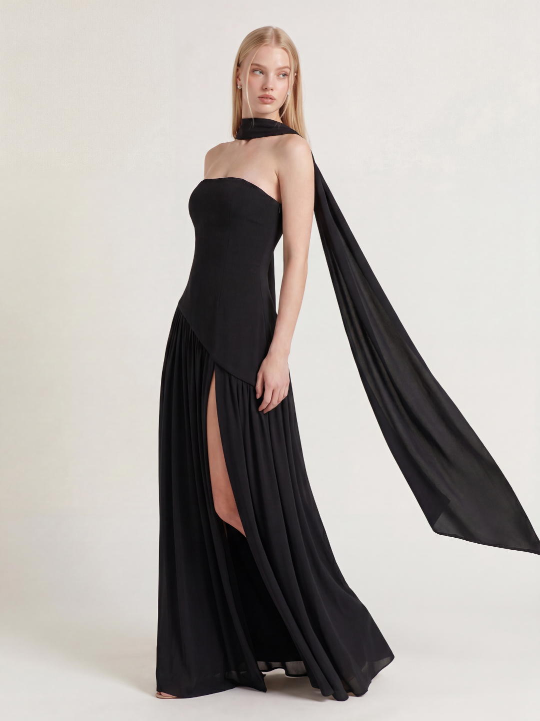 ISADORA Women's Strapless Asymmetric Contrast Maxi Dress with Choker