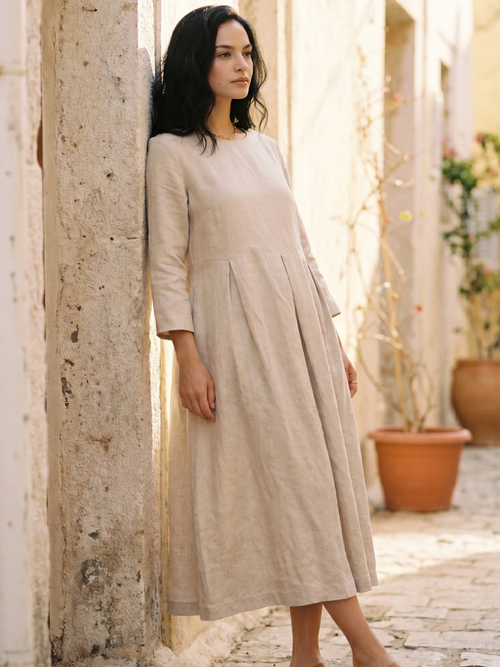 CLEMENTINE Women's Long-Sleeve Linen Pleated Maxi Dress with Pockets
