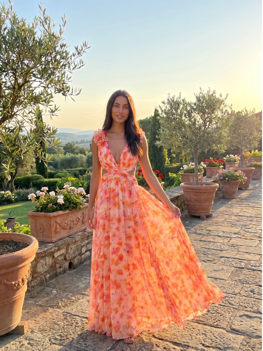RICA Women's Floral Plunge Cut-Out Chiffon Maxi Dress