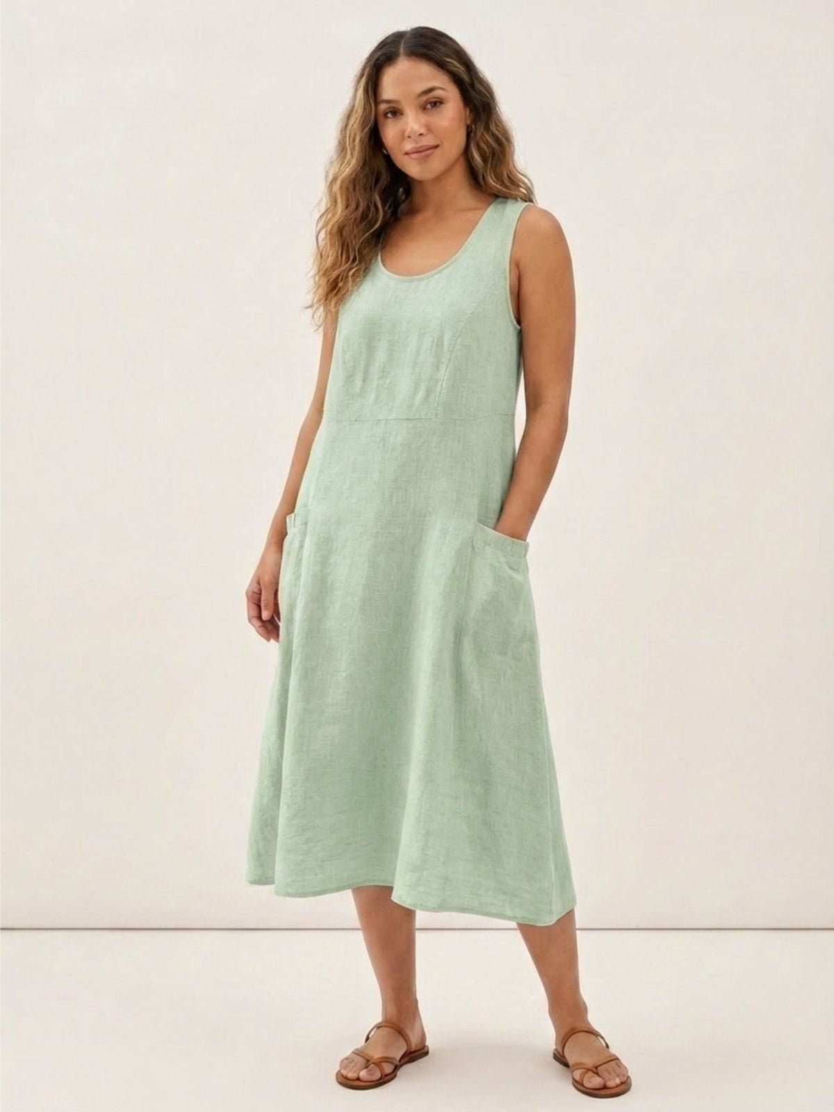 CLAIRE Women's Sleeveless Linen Midi Dress with Pockets