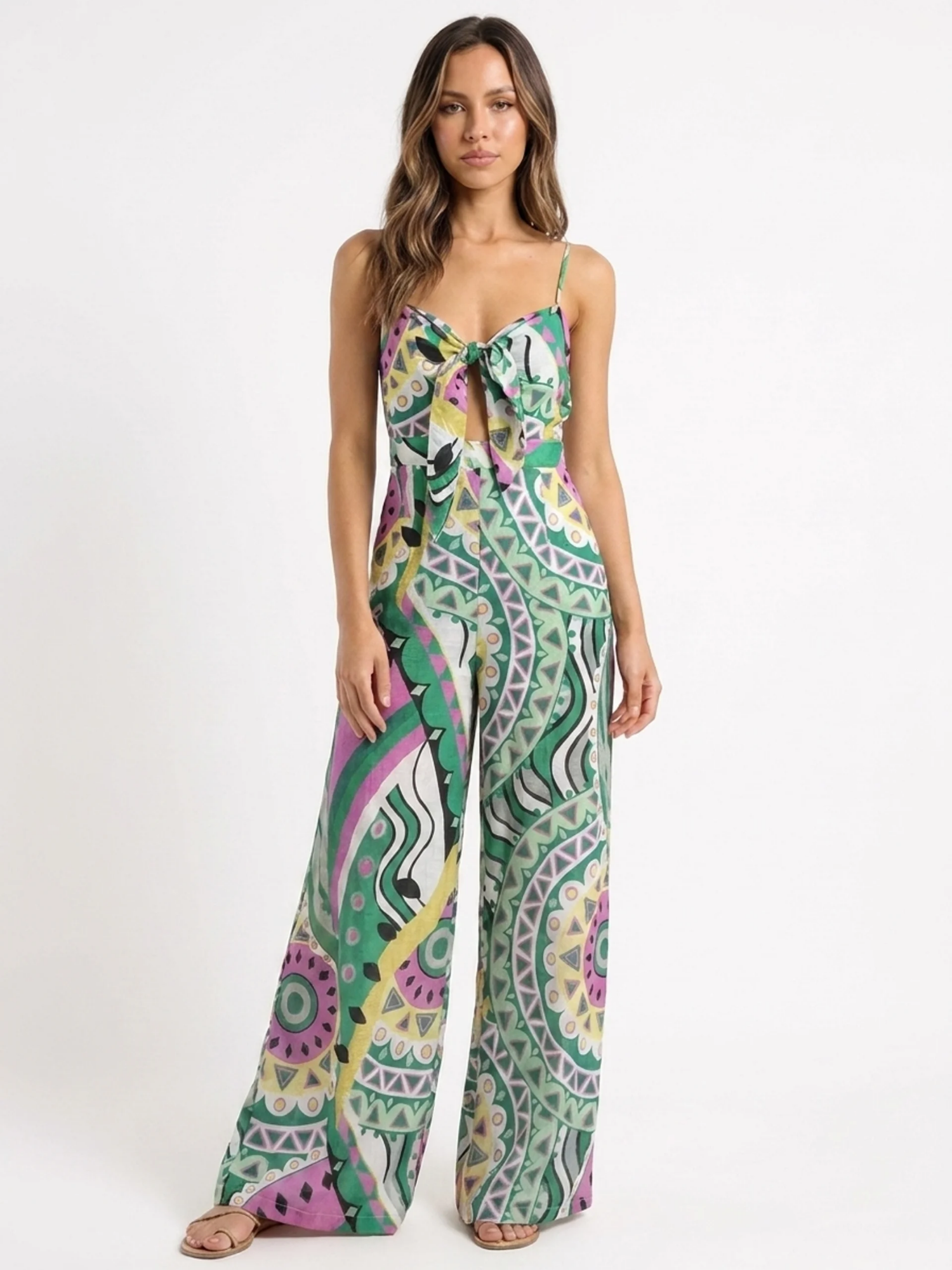 ARABELLA Women's Tie-Dye Print Tie-Front Wide-Leg Jumpsuit