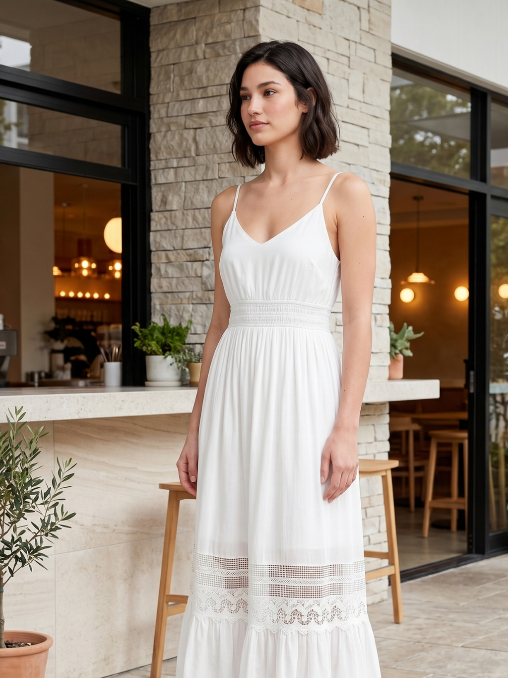 HEATHER Women's V-Neck Lace-Trim Maxi Dress