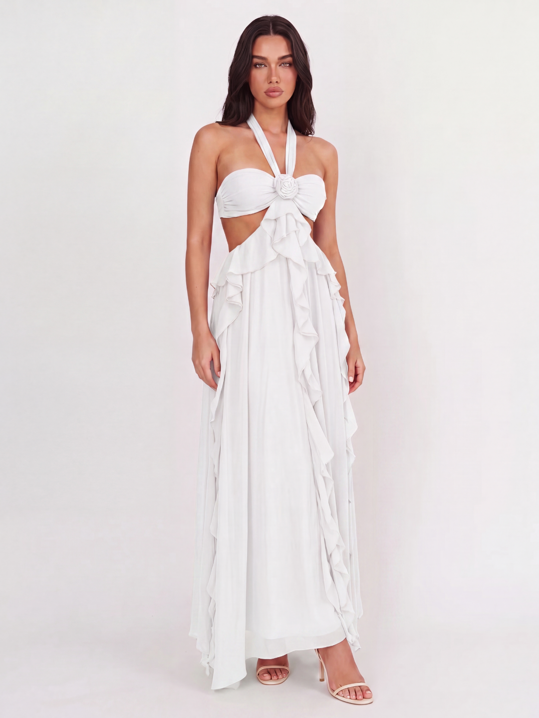 OCTAVIA Women's Halterneck Cut-Out Ruffle Maxi Dress