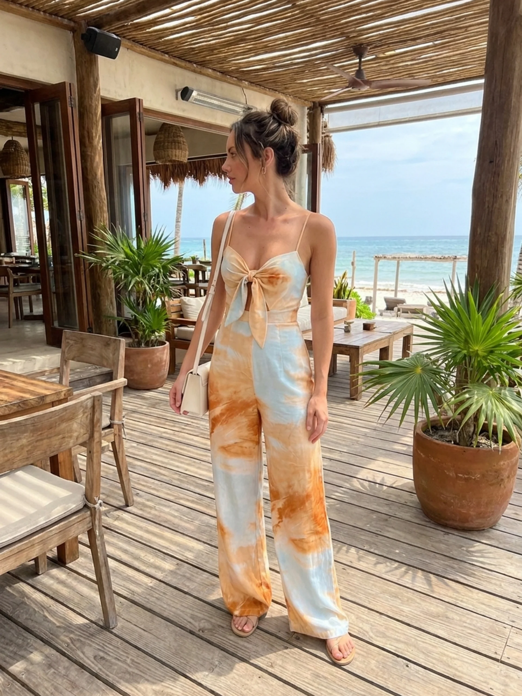 ARABELLA Women's Tie-Dye Print Tie-Front Wide-Leg Jumpsuit