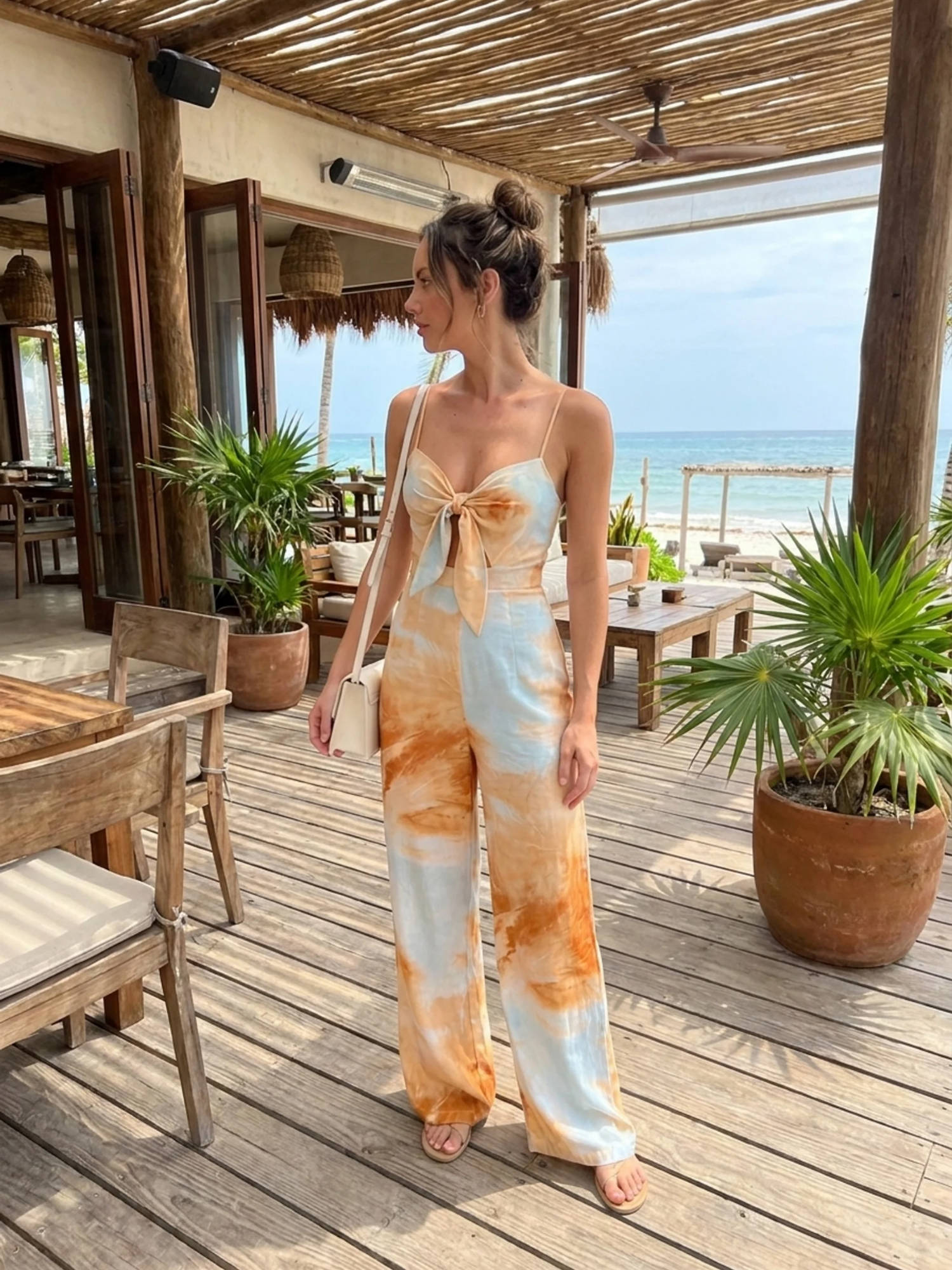 ARABELLA Women's Tie-Dye Print Tie-Front Wide-Leg Jumpsuit