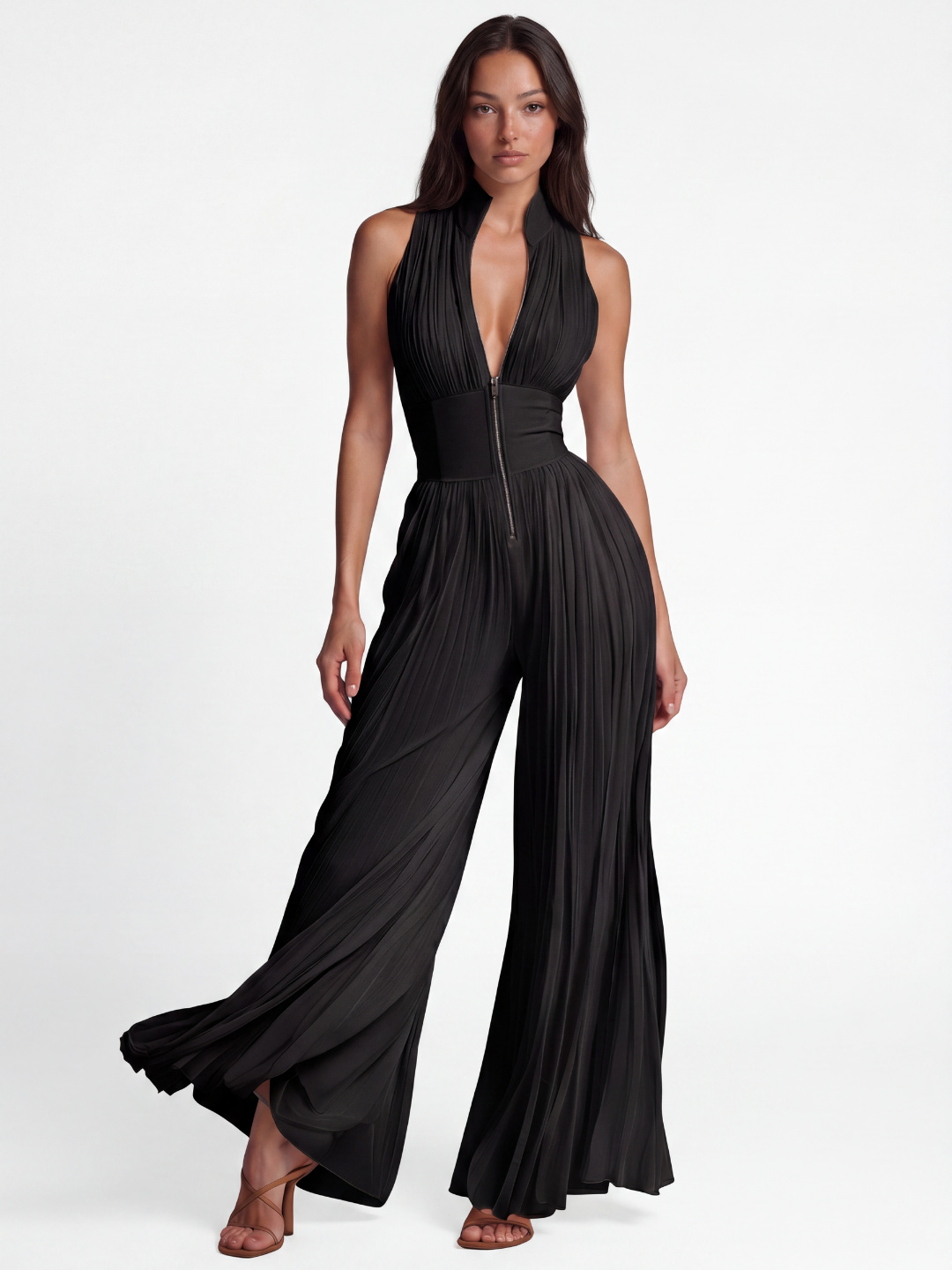 FIONA Women's Pleated Plunge Zip-Front Wide-Leg Jumpsuit
