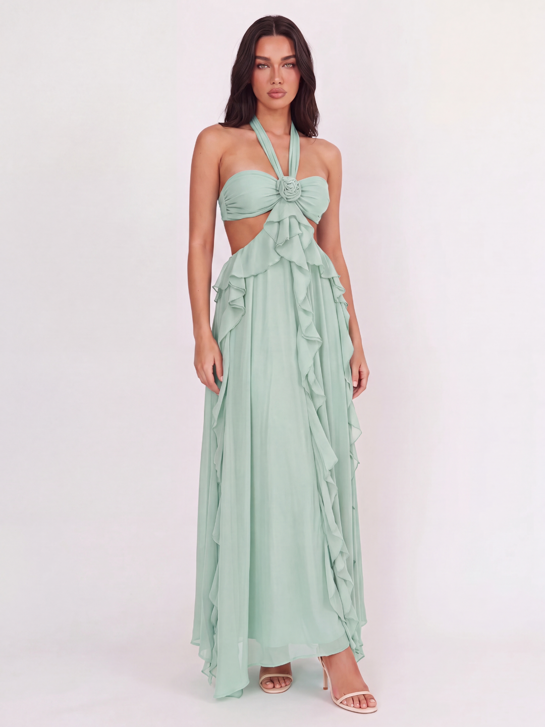 OCTAVIA Women's Halterneck Cut-Out Ruffle Maxi Dress