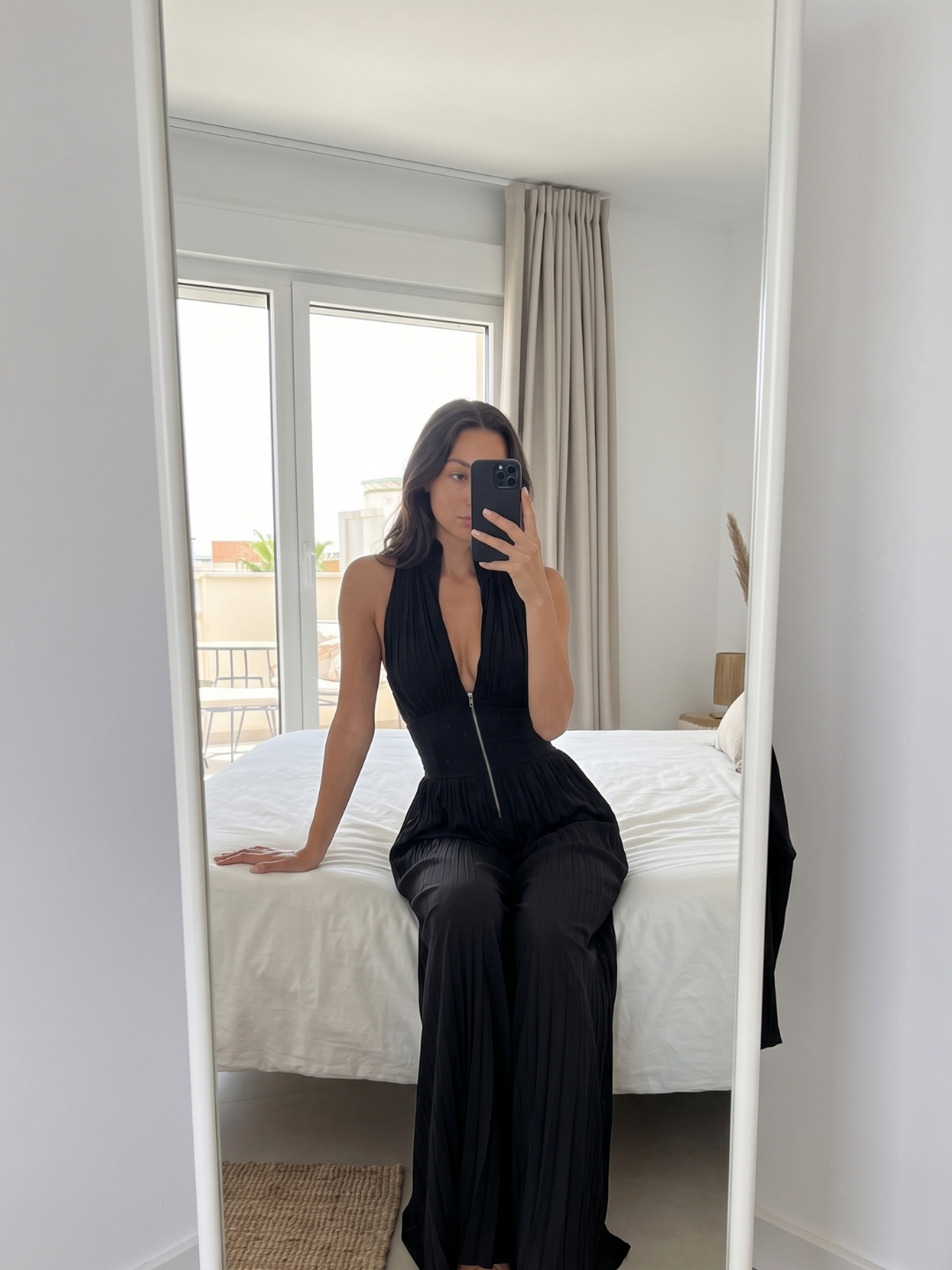 FIONA Women's Pleated Plunge Zip-Front Wide-Leg Jumpsuit