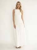 YASMIN Women's High-Neck Pintuck Drop-Waist Maxi Dress