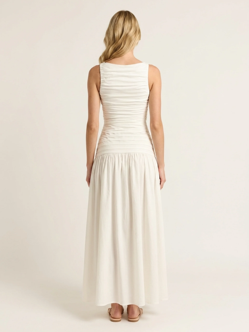 YASMIN Women's High-Neck Pintuck Drop-Waist Maxi Dress