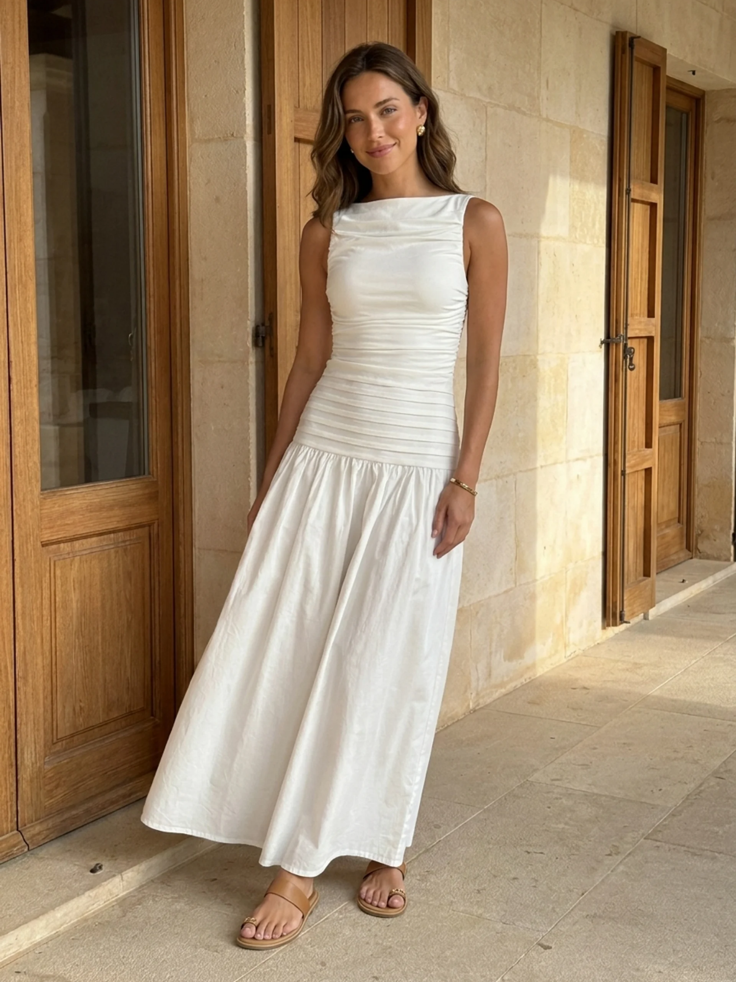 YASMIN Women's High-Neck Pintuck Drop-Waist Maxi Dress
