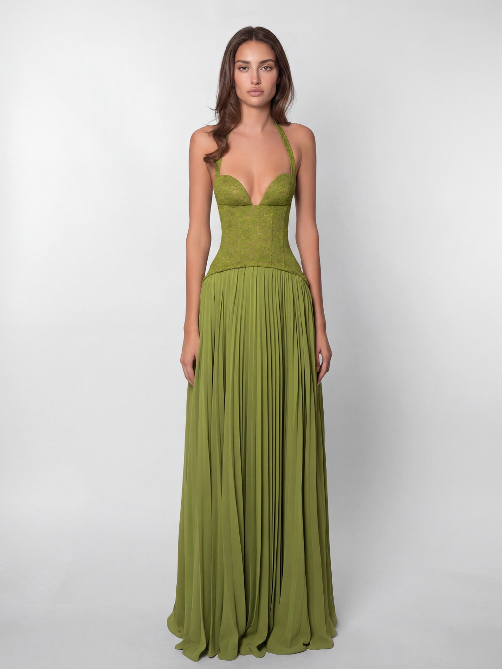 Noana Women's Lace Corset Halterneck Pleated Maxi Dress