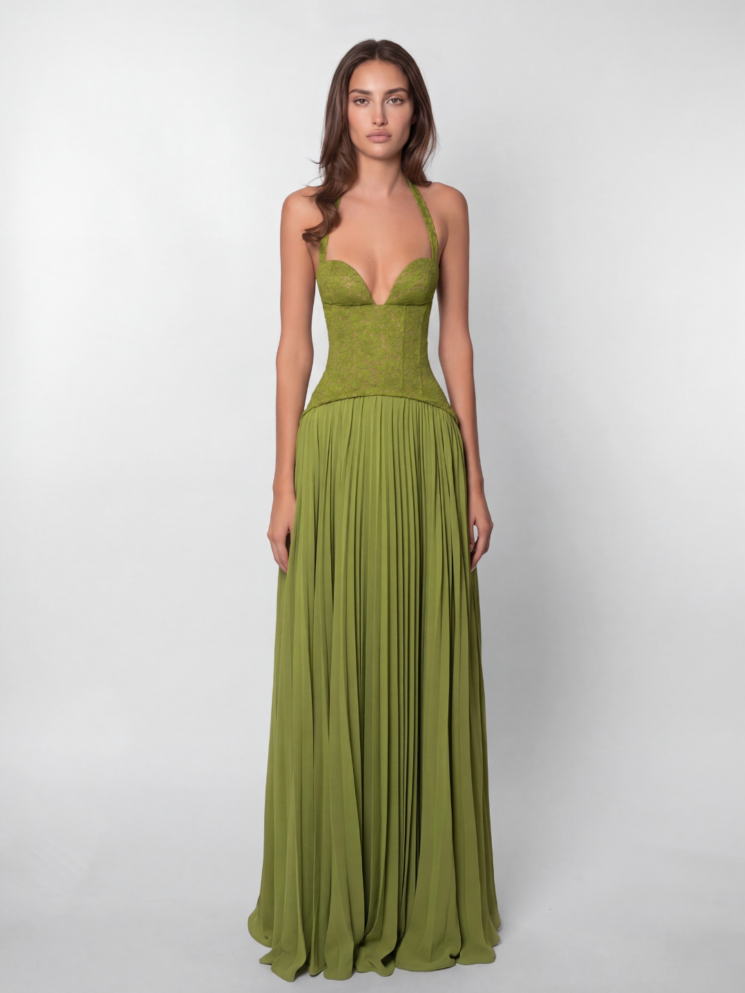Noana Women's Lace Corset Halterneck Pleated Maxi Dress