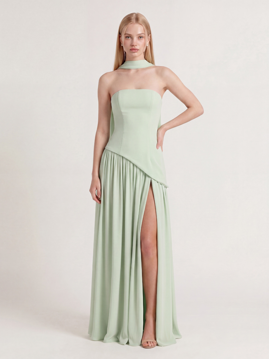 ISADORA Women's Strapless Asymmetric Contrast Maxi Dress with Choker