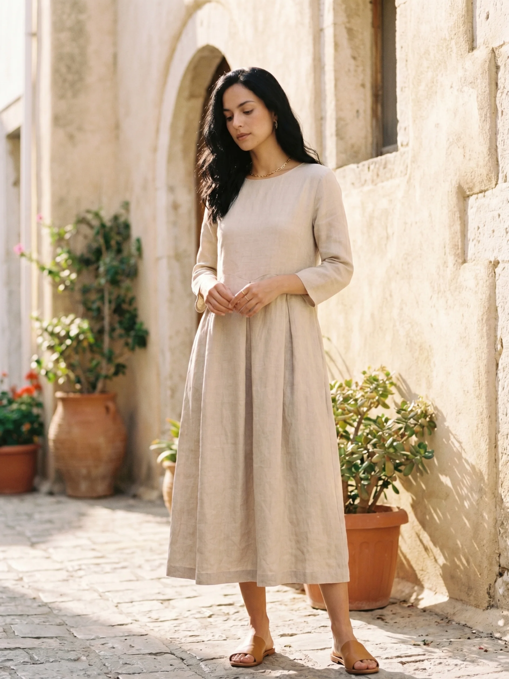 CLEMENTINE Women's Long-Sleeve Linen Pleated Maxi Dress with Pockets