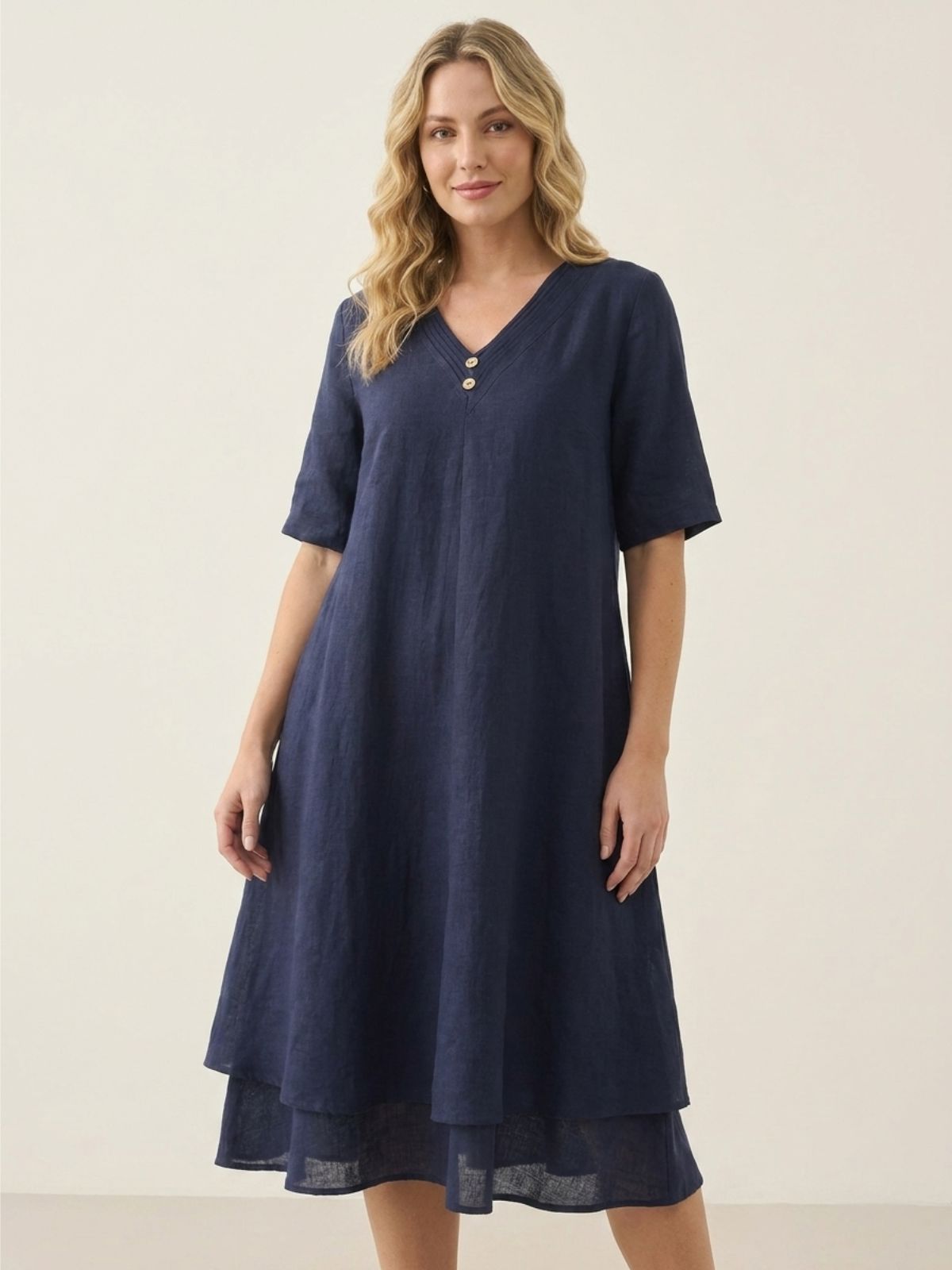 JADE Women's Short Sleeve Linen Midi Dress with Double Layer Hem LirenneWear JADE Women's Short Sleeve Linen Midi Dress with Double Layer Hem LirenneWear