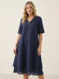 JADE Women's Short Sleeve Linen Midi Dress with Double Layer Hem