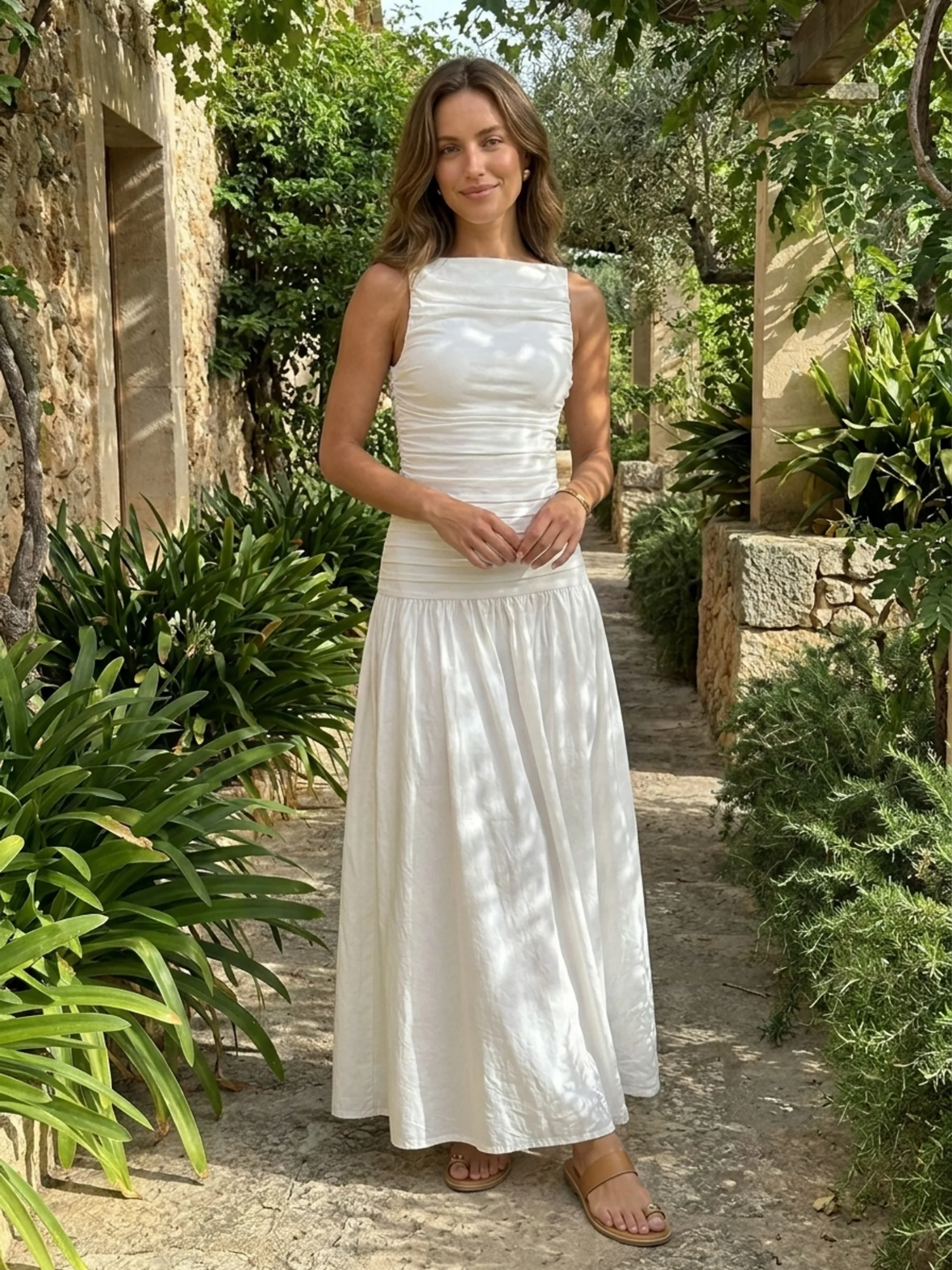 YASMIN Women's High-Neck Pintuck Drop-Waist Maxi Dress