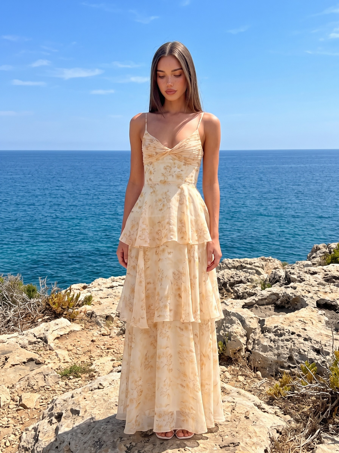 BROOKE Women's Pleated Twist Tiered Maxi Dress with Floral Print