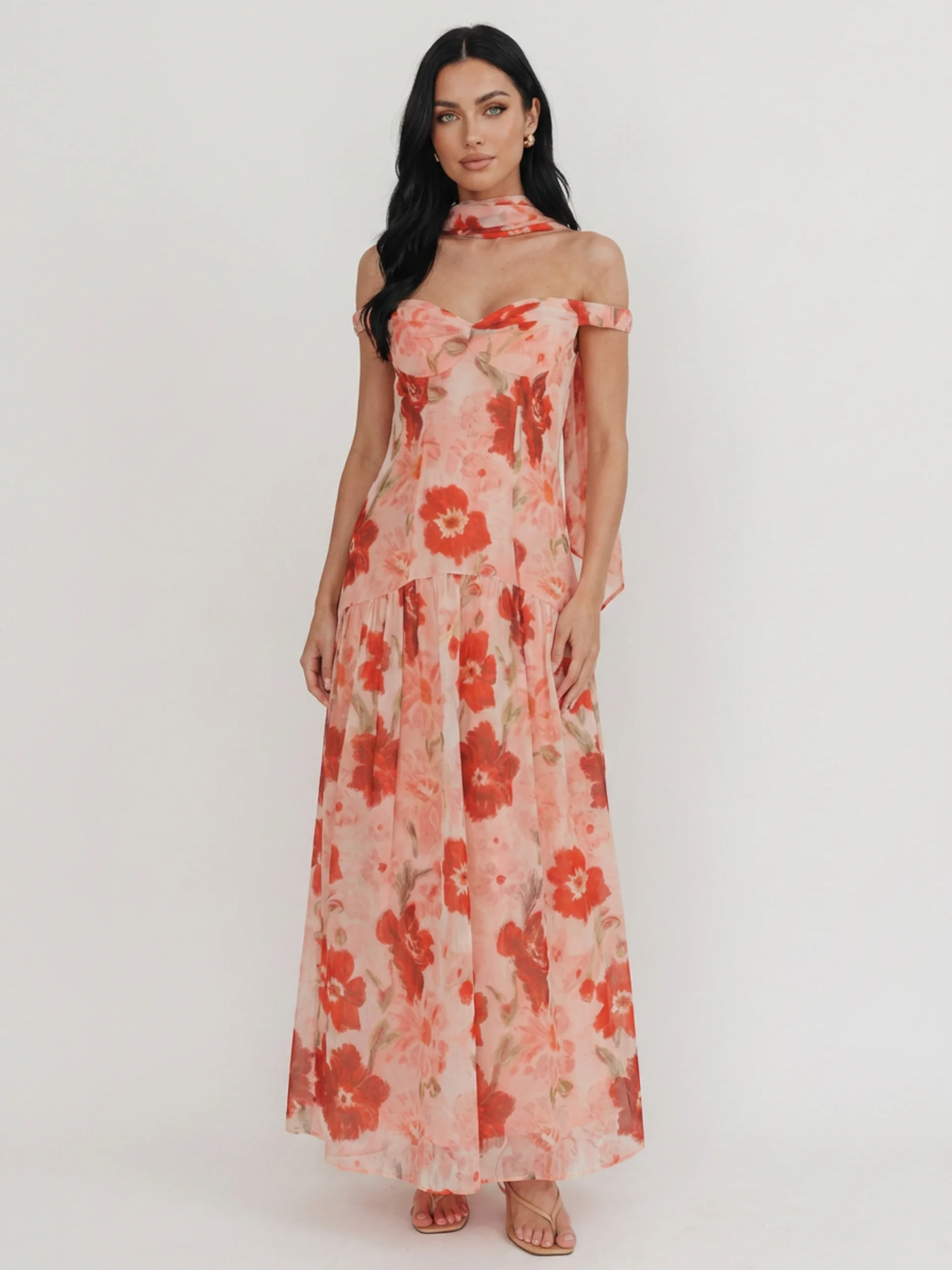 LAYLA Women's Floral Off-Shoulder Drop-Waist Maxi Dress
