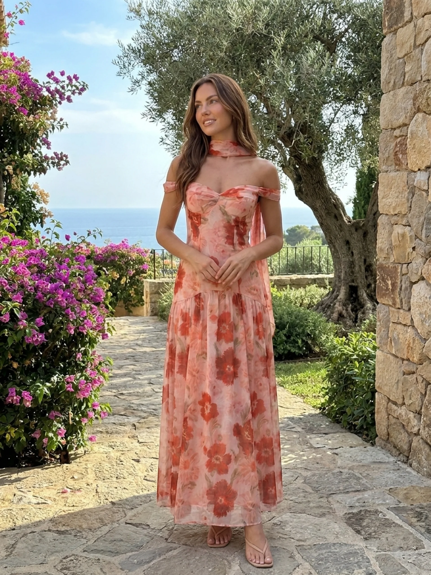 LAYLA Women's Floral Off-Shoulder Drop-Waist Maxi Dress