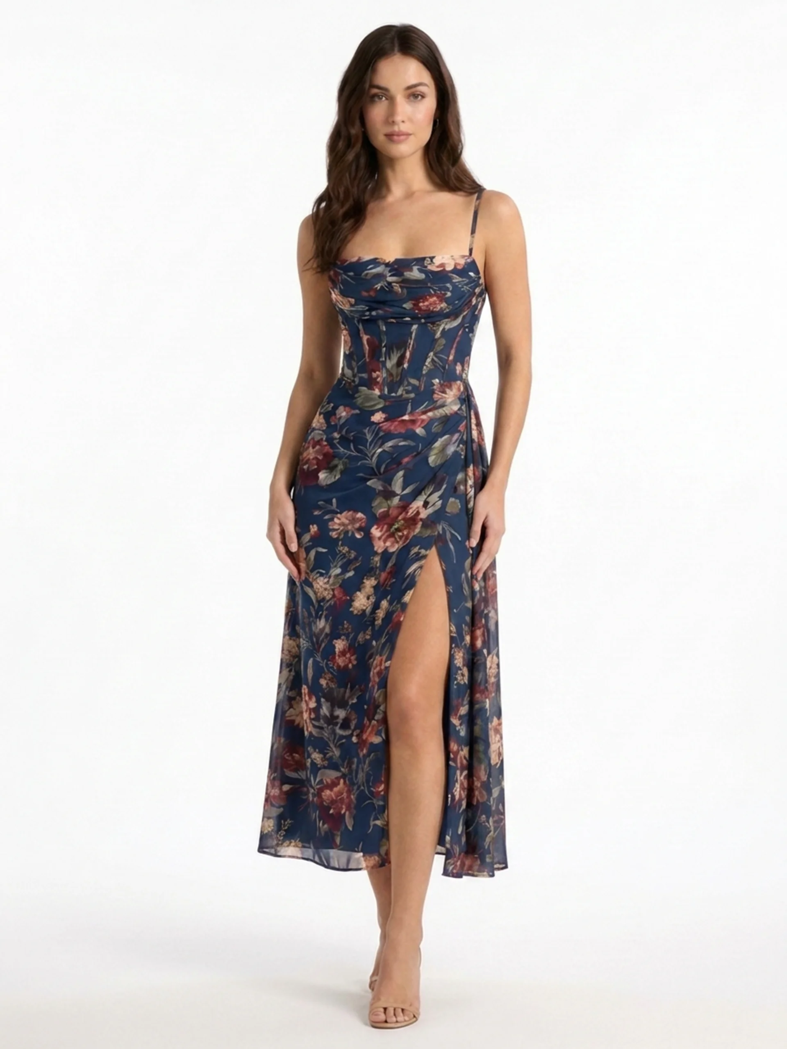 PEYTON Women's Floral Chiffon Corset Midi Dress