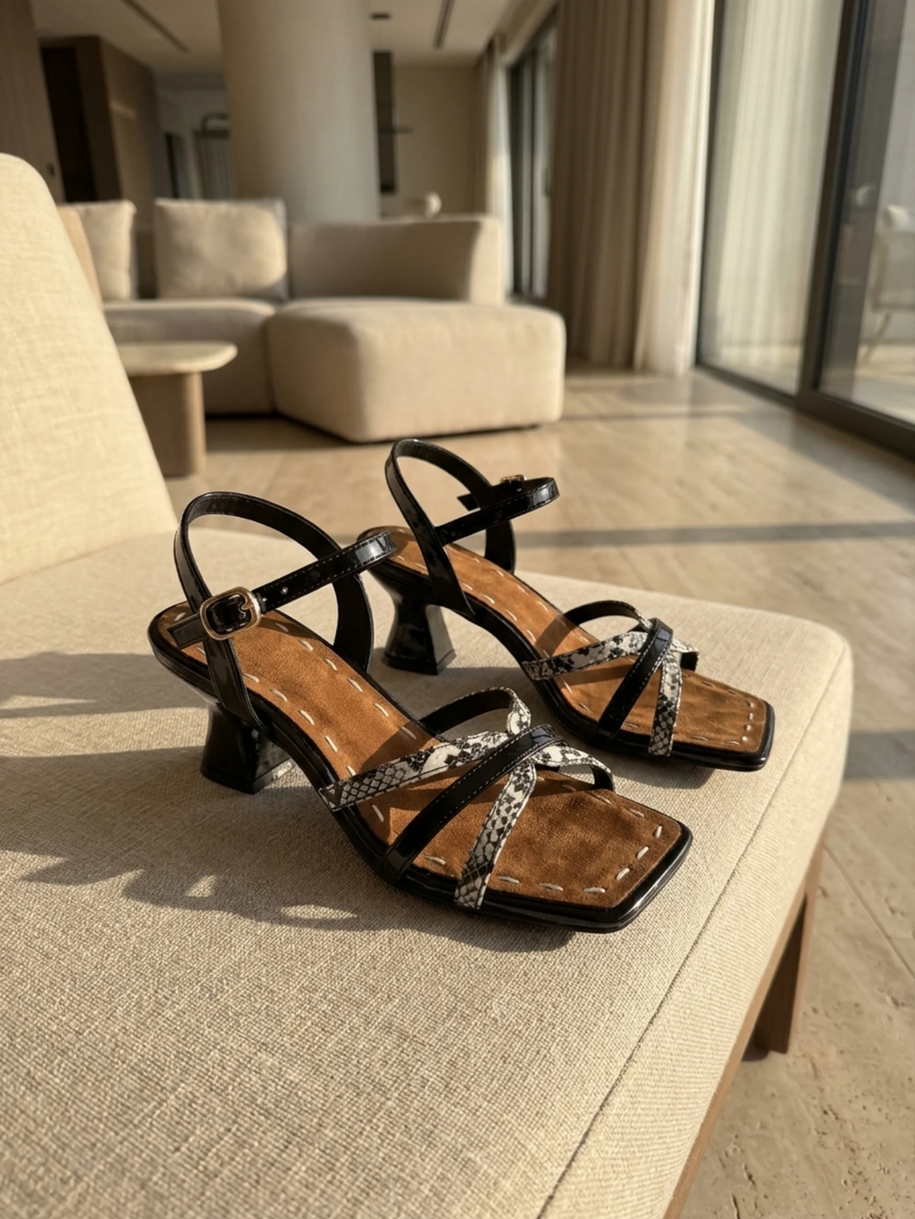DELPHINE Women's Strappy Square-Toe Sculptural Heel Sandals