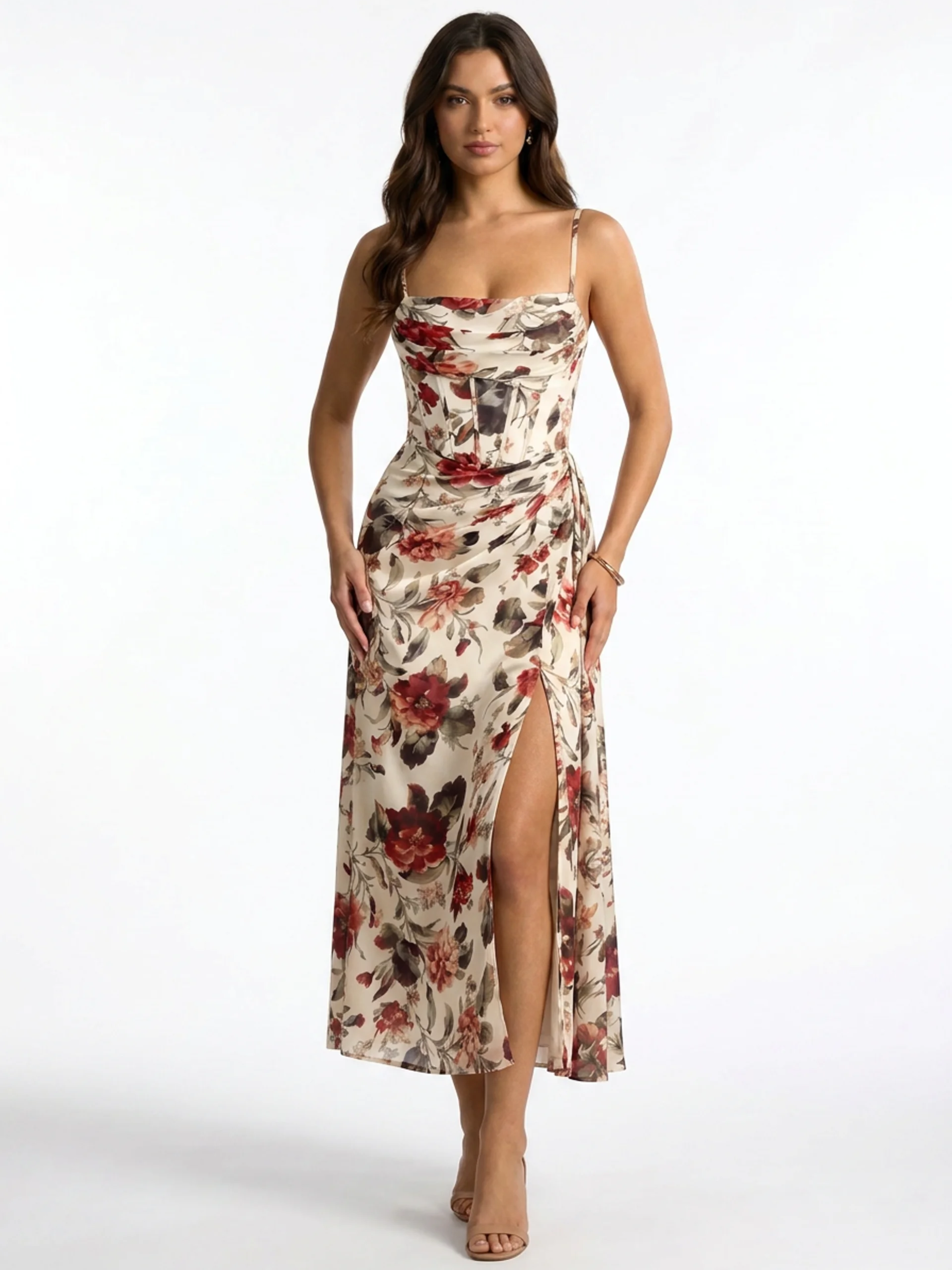 PEYTON Women's Floral Chiffon Corset Midi Dress