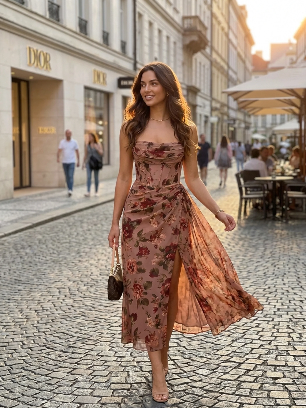 PEYTON Women's Floral Chiffon Corset Midi Dress