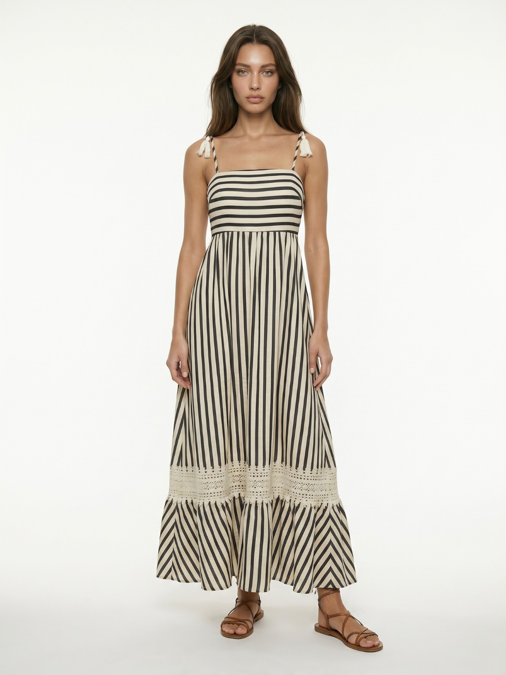 STEPHANIE Women's Square-Neck Striped Maxi Dress with Lace Trim