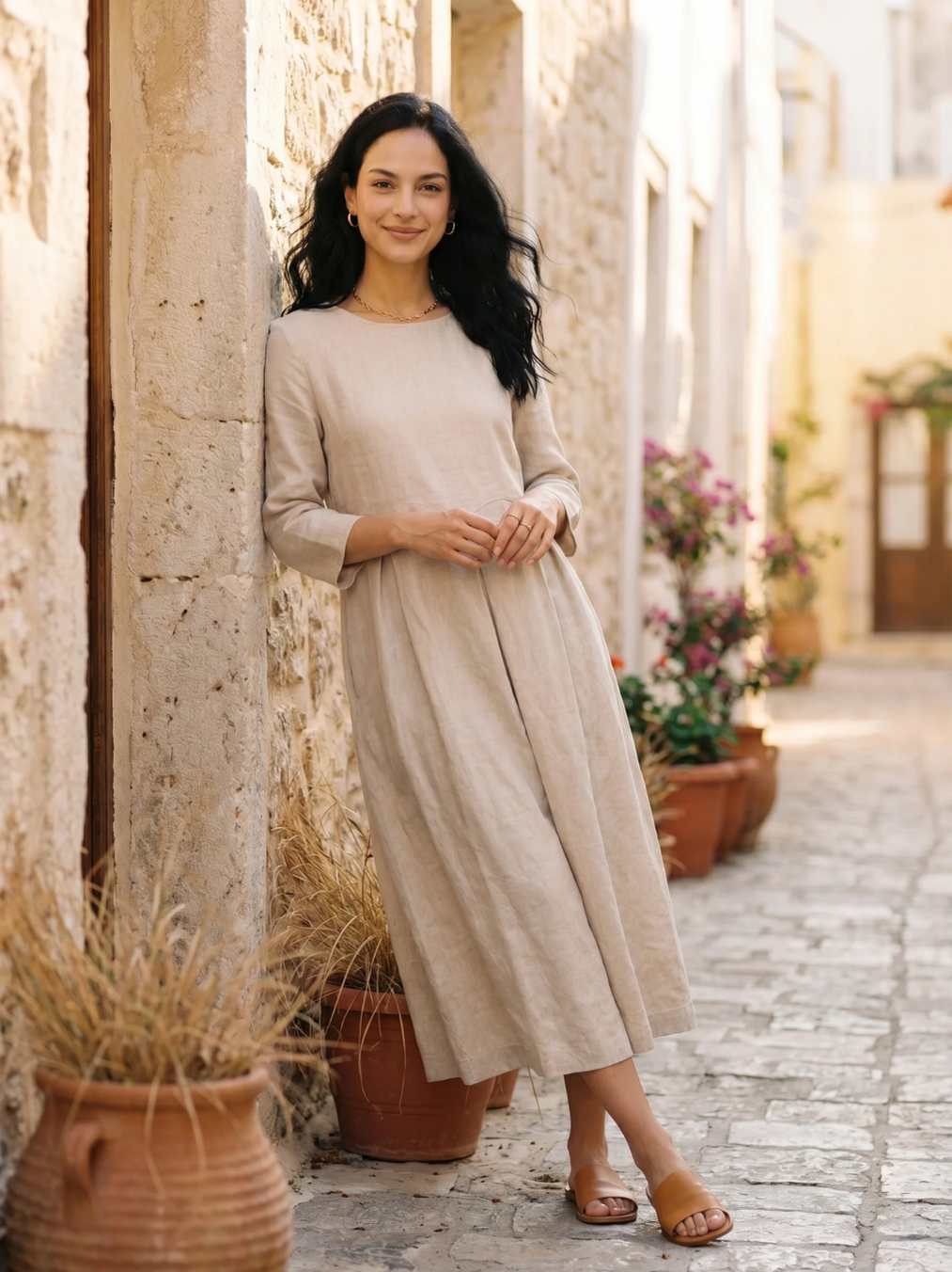 CLEMENTINE Women's Long-Sleeve Linen Pleated Maxi Dress with Pockets