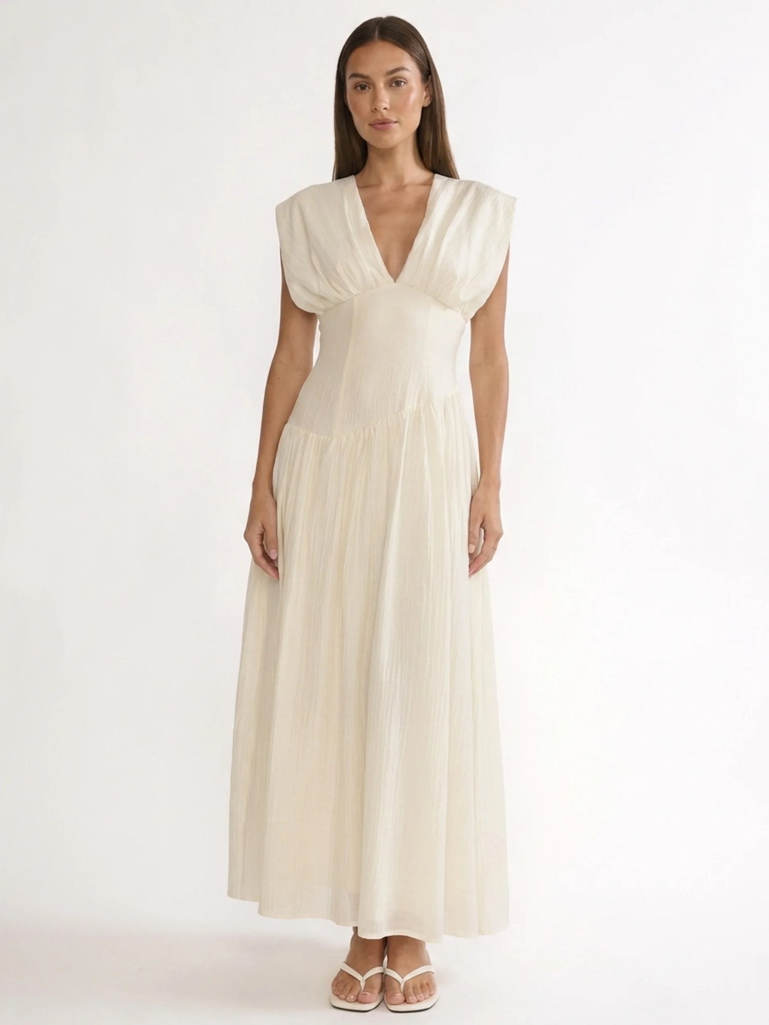 GWENDOLYN Women's V-Neck Ruched Asymmetric-Waist Maxi Dress