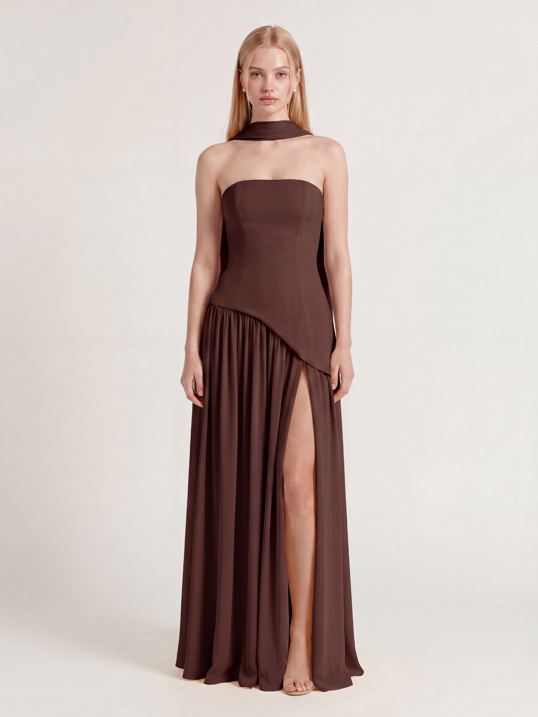 ISADORA Women's Strapless Asymmetric Contrast Maxi Dress with Choker