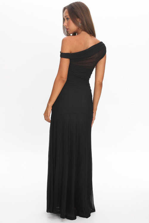 AIKO Women's Asymmetric Off-Shoulder Ruched Mesh Maxi Gown
