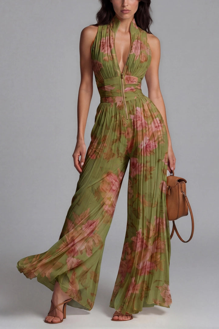 FIONA Women's Pleated Plunge Zip-Front Wide-Leg Jumpsuit