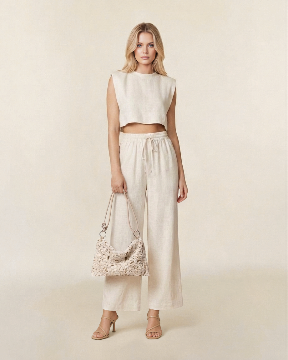 MILA Women's Sleeveless Cropped Top & High-Rise Wide-Leg Linen Pant Set