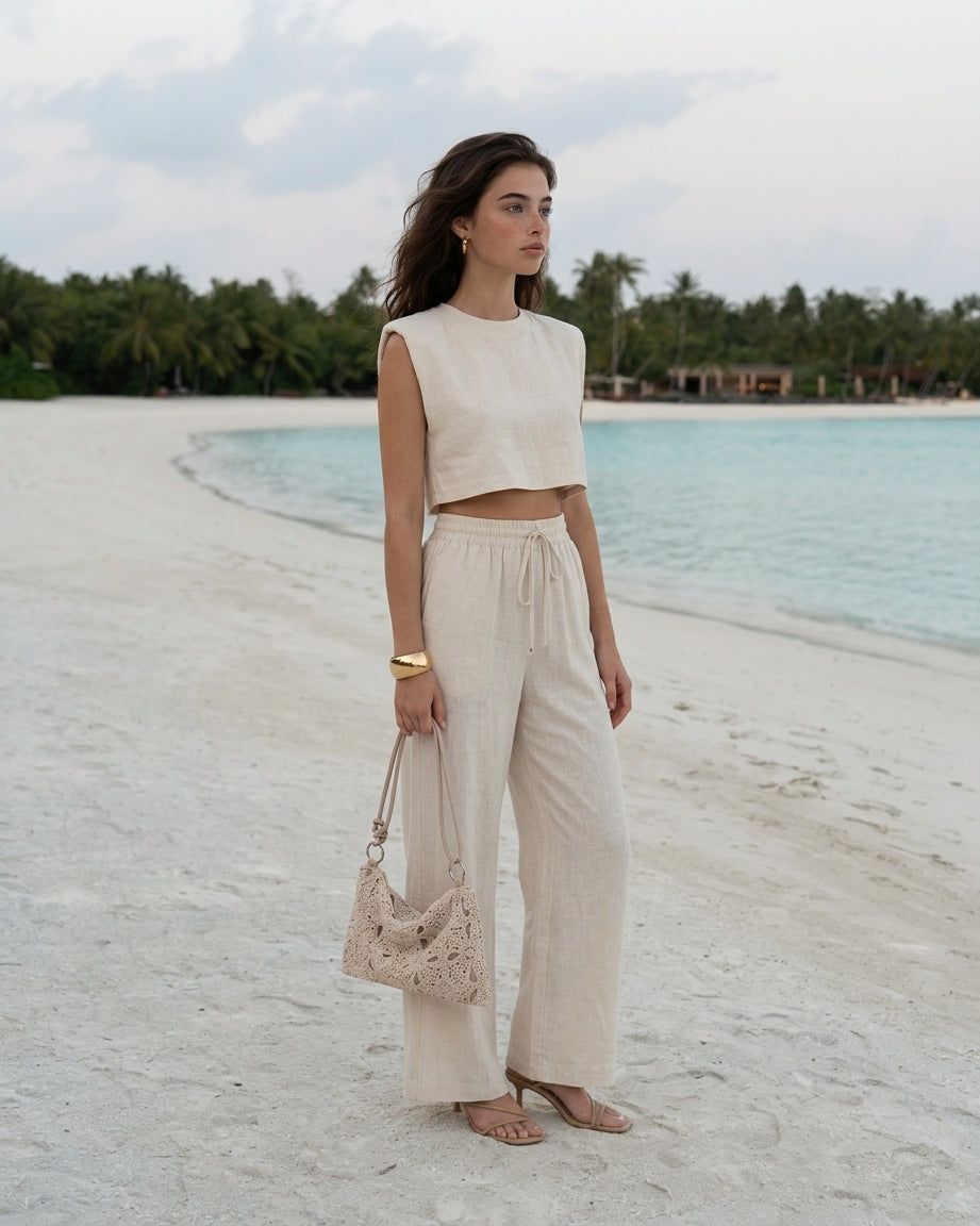 MILA Women's Sleeveless Cropped Top & High-Rise Wide-Leg Linen Pant Set
