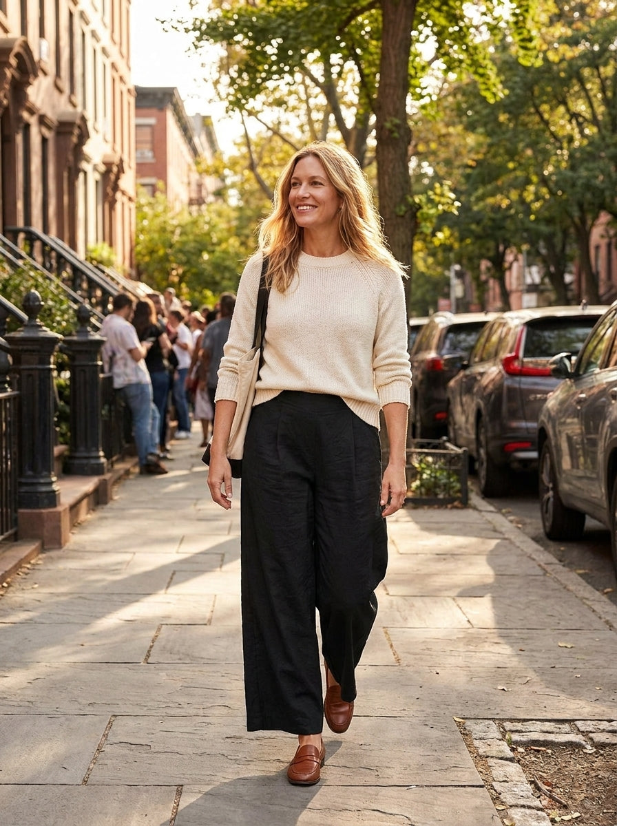 ELISE Women's Mid-Rise Wide-Leg Linen Pant with Pockets